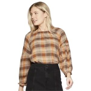 Universal thread brown and orange plaid long puffy sleeve blouse Size L